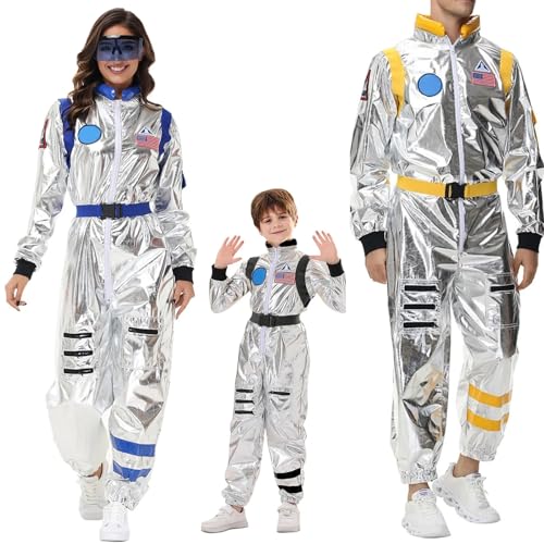 Beichwtd faschingskostüm damen, Astronaut Kostüm Herren Dame Kinder, Astronauten Weltraum Raumfahrer Halloween Cosplay Space Jumpsuit Silber Weltall Faschingskostüme Spaceman Overall Outfit von Beichwtd