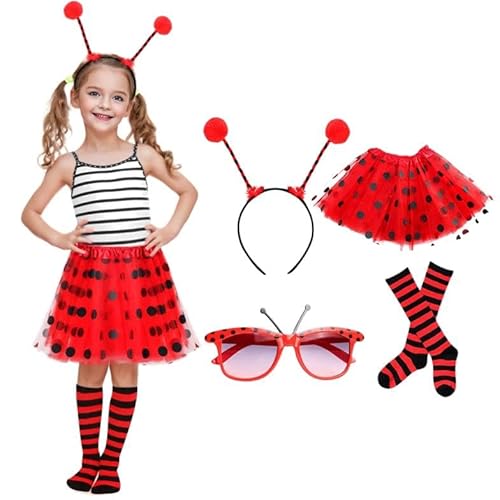 Marienkäfer Kostüm, 4-Teiliges Ladybug Kostüm Mädchen, Marienkäfer Kostüm mit Tüllrock, Haarreif, Marienkäfer Brille, Strumpf, Ladybug Kostüm Set Cosplay für Karneval, Halloween, Fasching, Mottoparty von Beichwtd