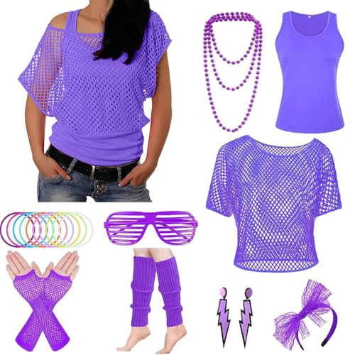 reh kostüm damen, 90er 80er Jahre Outfit Damen, Netzoberteil Accessoire Off Shoulder Netzshirt, Faschingskostüme, Karneval Kostüm, Kleidung 80iger Schlagerparty Bad Taste Frauen Neon Party von Beichwtd