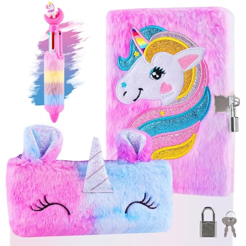 Beihre Unicorn Tagebuch mit Schloss, Plüsch Notizbuch Set mit Code Geheime Private Tagebuch Buch mit Stift Tasche für Kinder die zur Schule Zurückkehren (Lila) von Beihre