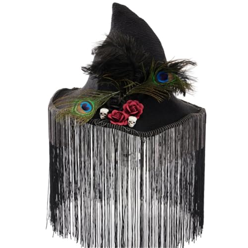 Beimus Halloween Party Hexenhüte Totenkopf Rose Lange Kette Quasten Spitzhut Cosplay Zubehör Einzigartiger Hexenhut von Beimus