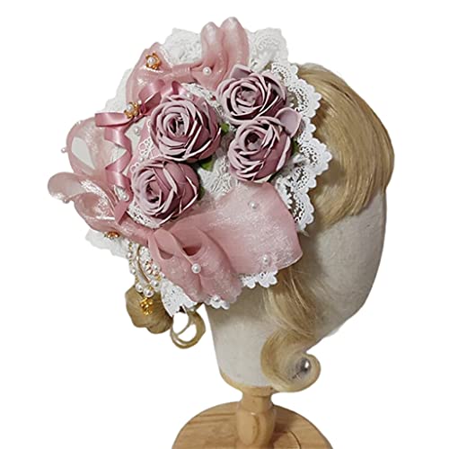 Beimus Japanische Spitze Haube Zylinder Süße Schleife Rose Blume Herz Anhänger Flach Cosplay Seite Haarspange von Beimus