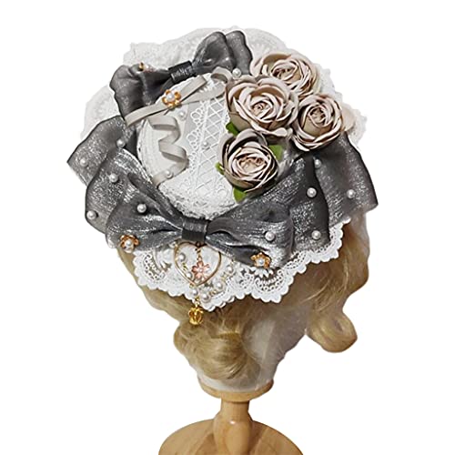 Beimus Japanische Spitze Haube Zylinder Süße Schleife Rose Blume Herz Anhänger Flach Cosplay Seite Haarspange von Beimus