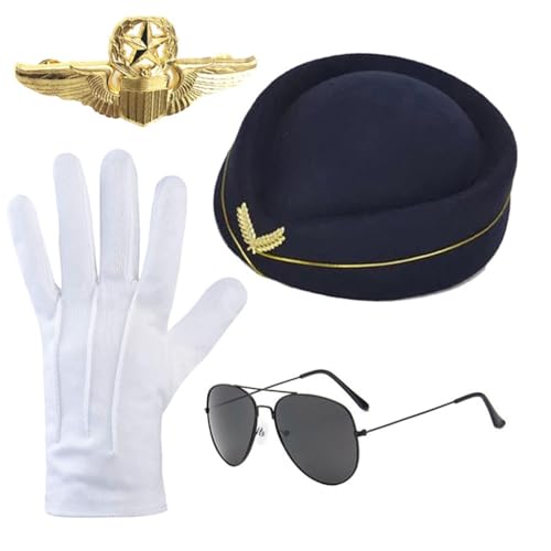 Beimus Mehrfarbige Stewardess-Hut + Sonnenbrille + Taschentücher/Handschuhe/Brosche für Erwachsene, Damen, Halloween, Karneval, Rollenspiel-Kostüm von Beimus