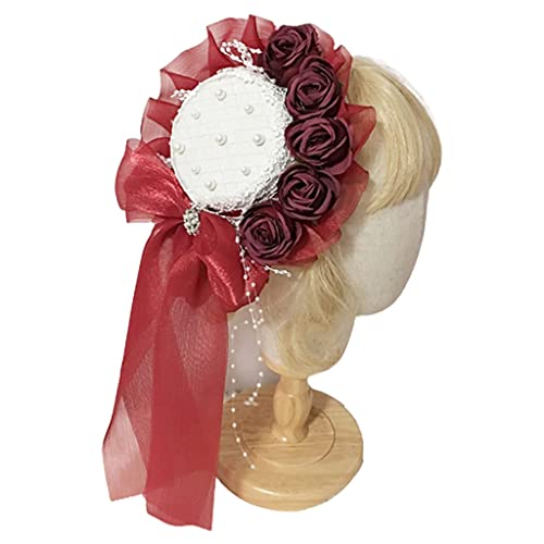 Beimus Süßer Perlen-Spitzenhut mit Rosenblume, Schleife, Kopfschmuck, Cosplay, Haar-Accessoires von Beimus