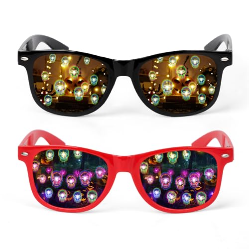 2 STK Halloween Brille Diffraction Glasses, Lichtbrechungsbrillen mit 3D Schädel Effekt, Partybrille Lustige Brillen Rave Brille für Erwachsene Kinder für Nacht EDM Feuerwerk Karneval Halloween Party von Beipegin