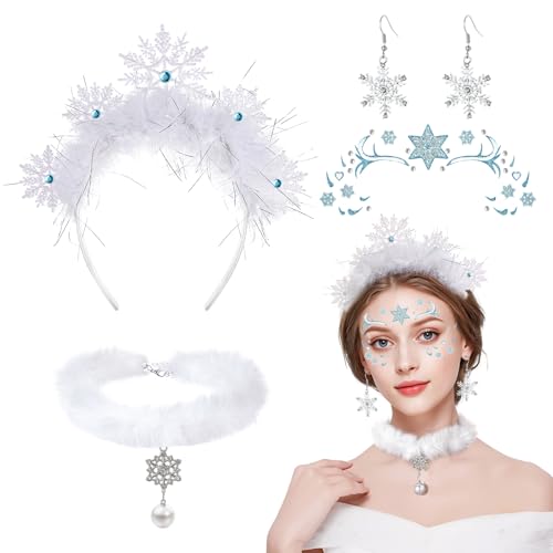 4 STK Schneeflocken Kostüm Damen, Schneeflocken Haarreif Schneeflocken Ohrringe Schneeflocken Tattoo Schneeflocke Kette, Schneeflocke Kostüm Zubehör Frozen Kostüm Weihnachts für Halloween Karneval von Beipegin