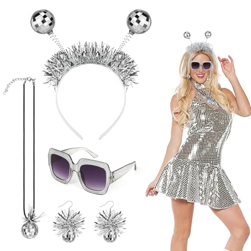 4STK Disco Accessoires Damen, Alien Discokugel Haarreif Sonnenbrille Glitzer Disco Kette Discokugel Ohrringe, Disco Kostüm Discokugel Accessoires Glitzer 70er Jahre Accessoires für Fasching Disco von Beipegin