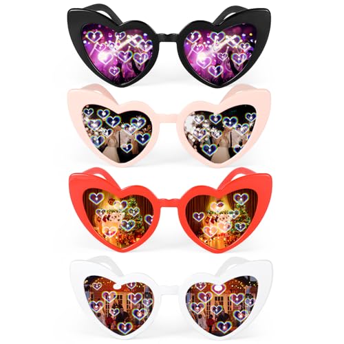 4 Stück Heart Diffraction Glasses, Herzbrille mit Herzeffekt 3D, Lichtbrechungsbrillen, Herz Sonnenbrille Lustige Brillen Rave Brille für Erwachsene Kinder für Nacht EDM Licht Feuerwerk Show Karneval von Beipegin