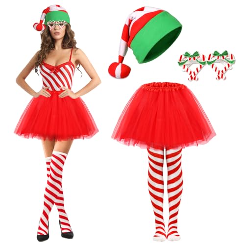 4 Stück Zuckerstangen Kostüm Weihnachten Damen, Weihnachtsmützen Weihnachtsbrillen Tüllrock Rot Weiß Gestreifte Kniestrümpfe, Candy Kostüm Weihnachts Kostüm Damen für Weihnachts Karneval Cospaly Party von Beipegin