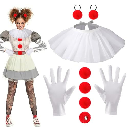 4PCS Clown Zubehör Damen Kinder, Clown Accessoires mit Clown Kragen Tüll Clown Handschuhe Rote Pompom Knöpfe Haargummi, Clown Kostüm Damen Horror Clown Kostüm Zubehör für Halloween Karneval Cosplay von Beipegin