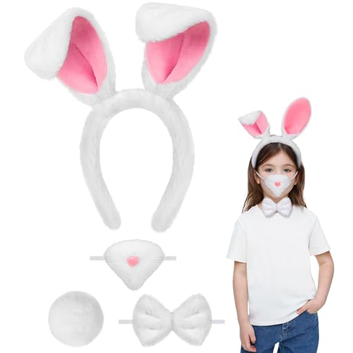 4PCS Hasenkostüm Zubehör, Hasenohren Haarreif Nase Fliege und Schwanz, Hasenohren Kostüm Tierkostüm Erwachsene Kinder für Halloween Karneval Cosplay Geburtstagsfeiern Maskeraden Welttag des Buches von Beipegin