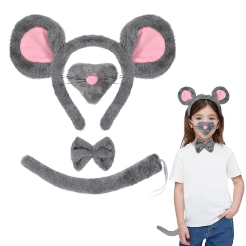 4PCS Maus Kostüm Zubehör, Maus Ohren Grau Haarreif Nase Fliege und Schwanz, Ratten Kostüm Tierkostüm Erwachsene Kinder für Halloween Karneval Cosplay Geburtstagsfeiern Maskeraden Welttag des Buches von Beipegin