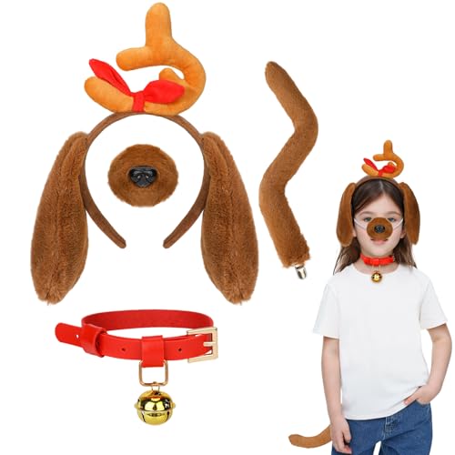 4PCS Rentier Hundekostüm Kinder Zubehör, Hundeohren Haarreif mit Rentiergeweih, Halsband mit Glocke, Fliege und Schwanz, Tierkostüm Erwachsene Kinder für Weihnachts Karneval Cosplay Geburtstagsfeiern von Beipegin