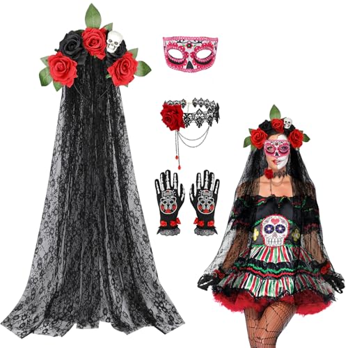 4STK Halloween Kostüm Damen, Dia de Los Muertos Haarreif Tag Der Toten Schleier Dia de Los Muertos Maske Gothic Halskette Skelett Handschuhe, Dia de Los Muertos Kostüm Damen für Fasching Maskerade von Beipegin