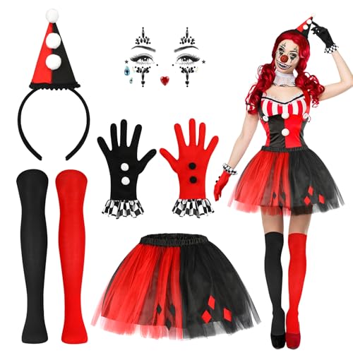 5 STK Halloween Clown Kostüm Damen, Clown Hut Haarreif Strasssteine Gesicht Clown Handschuhe Clown Strumpfhose Clown Tütü, Quinn Halloween Kostüm Zubehör für Halloween Karneval Cosplay Mottoparty von Beipegin