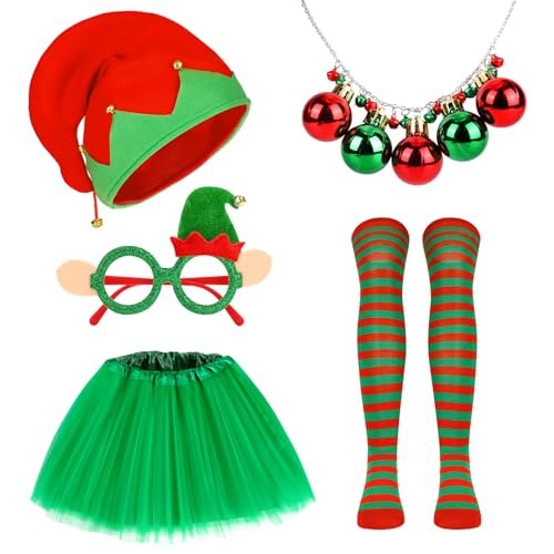 5 Stück Weihnachtselfen Kostüm Damen, Weihnachtself Mütze Weihnachtsbrillen Weihnachtskette Damen Tutu Rock Elfen Gestreifte Kniestrümpfe, Elfenkostüm Damen Weihnachts Kostüm für Weihnachts Karneval von Beipegin