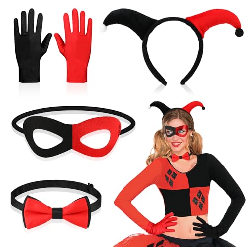 5PCS Halloween Clown Kostüm Damen Kinder, Clown Zubehör mit Schwarz-Rotes Clown Haarreif Maske Fliege Clown Handschuhe, Clown Accessoires Damen Quinn Kostüm Zubehör für Halloween Karneval Cosplay von Beipegin