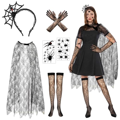 5PCS Halloween Spinnen Kostüm Damen, Spinnen Haarreif Spinnennetz Umhang Spitzenhandschuhe Tattoo Spinne Kniestrümpfe, Spinnenkostüm Zubehör Halloween Kostüm Damen Spinne für Party Cosplay Verkleidung 5PCS Halloween Spinnen Kostüm Damen, Spinnen Haarreif Spinnennetz Umhang Spitzenhandschuhe Tattoo Spinne Kniestrümpfe, Spinnenkostüm Zubehör Halloween Kostüm Damen Spinne für Party Cosplay Verkleidung von Beipegin
