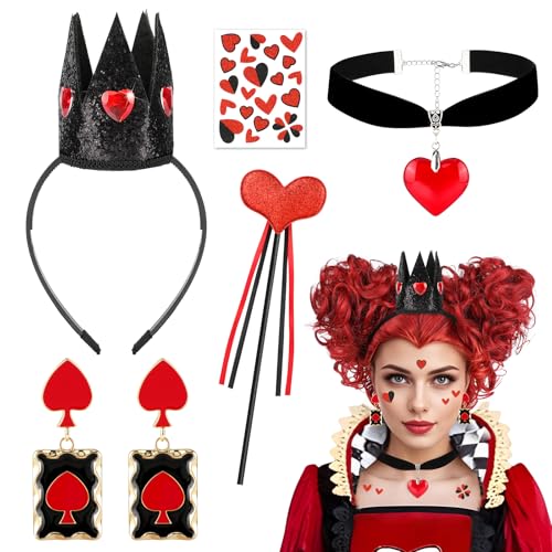 5PCS Herzkönigin Kostüm Zubehör Damen Mädchen, Herz Königin Krone Haarreif Ohrringe Kartenspiel Rotes Herz Halskette Zauberstab Gesichtstattoo, Herzkönigin Accessoires für Halloween Karneval Cosplay 5PCS Herzkönigin Kostüm Zubehör Damen Mädchen, Herz Königin Krone Haarreif Ohrringe Kartenspiel Rotes Herz Halskette Zauberstab Gesichtstattoo, Herzkönigin Accessoires für Halloween Karneval Cosplay von Beipegin