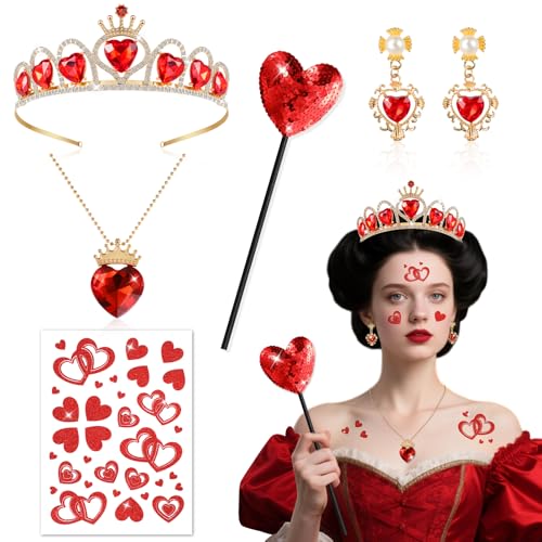 5PCS Herzkönigin Kostüm Zubehör Damen Mädchen, Herz Königin Krone Ohrringe Kartenspiel Rotes Herz Halskette Zauberstab Gesichtstattoo, Herzkönigin Accessoires für Halloween Karneval Cosplay WBD Party 5PCS Herzkönigin Kostüm Zubehör Damen Mädchen, Herz Königin Krone Ohrringe Kartenspiel Rotes Herz Halskette Zauberstab Gesichtstattoo, Herzkönigin Accessoires für Halloween Karneval Cosplay WBD Party von Beipegin