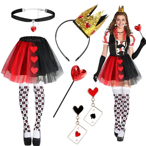 6 STK Herzkönigin Kostüm Damen Mädchen, Herzkönigin Krone Haarreif Ohrringe Kartenspiel Rotes Herz Halskette Wand Tütü Strümpfe, Herzdame Kostüm Queen of Hearts Costume für Halloween Karneval Cosplay von Beipegin