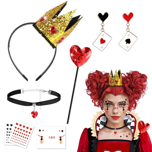 7 STK Herzkönigin Kostüm Zubehör Damen Mädchen, Herzkönigin Krone Haarreif Ohrringe Kartenspiel Rotes Herz Halskette Zauberstab Gesichtstattoo, Herzkönigin Accessoires für Halloween Karneval Cosplay von Beipegin