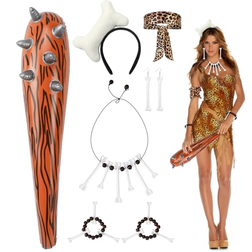 7STK Steinzeit Kostüm Accessoires, Keule Aufblasbar Knochen Haarreif Knochen Kette Armband Ohrringe Leoparden Band, Knochen Fasching Wilde Höhlenmensch Kostüm Damen Kinder für Karneval Cosplay Party von Beipegin