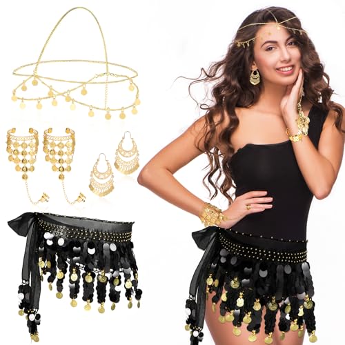 Bauchtanz Kostüm Damen Bauchtanz Hüfttuch Kopfschmuck Münzen Ohrring Armband Bauchtanz Rock für Yoga Bauchtanz, Zumba Latin Dance Belly Dance Outfit von Beipegin