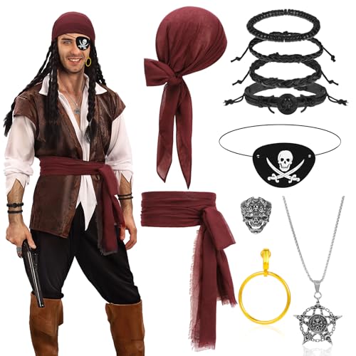 Beipegin 10 Stück Piratenkostüm Herren Damen,Piraten Kopftuch Bandana Pirat Augenklappe Piraten Schmuck Piraten Accessoires Erwachsene für Karneval Halloween Cosplay von Beipegin