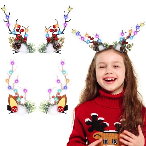 2 Paare Haarreif Weihnachten Led,Weihnachts Haarschmuck Hirschgeweih Haarclips Kopfschmuck LED Weihnachtshaarspangen Leuchtend für Mädchen Kinder Damen Weihnachtsfeier Festival von Beipegin