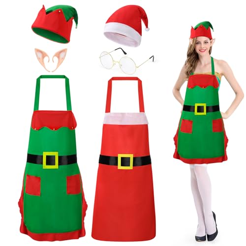 Beipegin 2Weihnachtsschü Weihnachten Kostüm Damen Herren,Elfen Kostüm Weihnachtsmann Kostüm Elfenohren Nikolausmütze Kochschürze Weihnachten von Beipegin