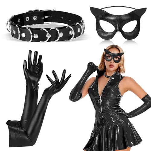 Beipegin 3 Stück Katzenkostüm Damen Kinder,Katzenohren Masken Halskette Handschuhe Tier Kostüm Accessoires Set Halloween Karneval Katzen Cosplay Party von Beipegin