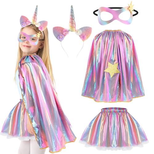 Beipegin 4 Stück Einhorn Kostüm Kinder Prinzessin Kostüm Mädchen,Prinzessin Umhang Regenbogen Tutu Rock Mädchen Einhorn Haarreif Verkleidungskiste für Kindergeburtstag Halloween Karneval Cosplay von Beipegin