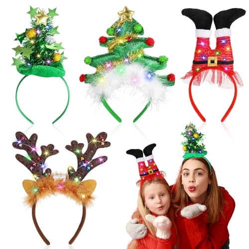 Beipegin 4 Stück Haarreif Weihnachten Erwachsene Kinder,LED Haarreifen Weihnachten Weihnachtsbaum y Elfenhut Weihnachts Kopfschmuck Haarschmuck für Weihnachten Kostüme Zubehör Cosplay Karneval Party von Beipegin