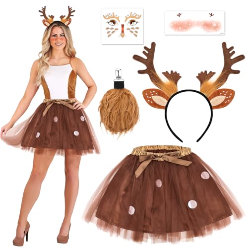 Beipegin 5 Piece Rentier Kostüm Damen,Rentier Haarreif Rentier Schwänze und Tüllrock Temporäre Tattoos Weihnachtskostüm Reh Kostüm Tierkostüm Erwachsene für Halloween Weihnachten Cosplay von Beipegin