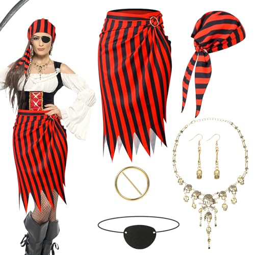 Beipegin 5 Stück Piratenkostüm Damen,Rock Piraten Kopftuch Augenklappe Halskette Ohrringe Piraten Accessoires Piraten Kostüm Erwachsene für Karneval Verkleidung Cosplay Halloween von Beipegin