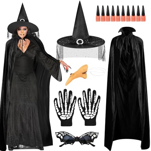 Beipegin 6STK Hexenkostüm Damen Halloween, Hexenumhang Hexenhüte Skelett Handschuhe Halloween Brille Hexennägel Hexennase, Halloween Kostüm Zubehör, Hexen Zubehör Halloween Kostüm Damen Hexe Zubehör von Beipegin