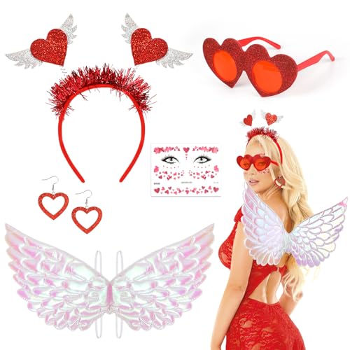 Beipegin Amor Kostüm Engel Kostüm Damen,Herz Haarreif Herz Sonnenbrille Engelsflügel Gesichtsaufkleber Cupid Kostüme Accessoires Für Valentinstag Karneval von Beipegin