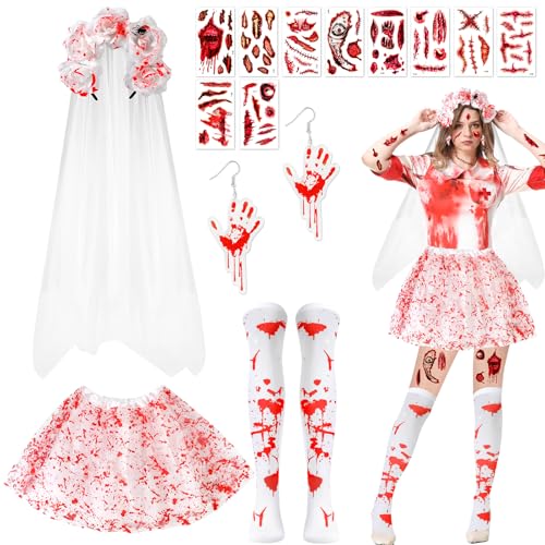 Beipegin Corpse Bride Kostüm,Tutu-Rock Brautschleier Haarreif Ohrringe Socken mit Tattoo-Aufkleber Zombie Brautkleid Halloween Horror Kostüm Damen von Beipegin