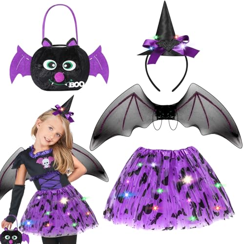 Beipegin Fledermaus Kostüm Mädchen LED Tüllrock Fledermausflügel Led Lichter Fledermaus Haarreif,Halloween Kostüm Kinder Fledermaus Karneval Fasching Cosplay Party von Beipegin