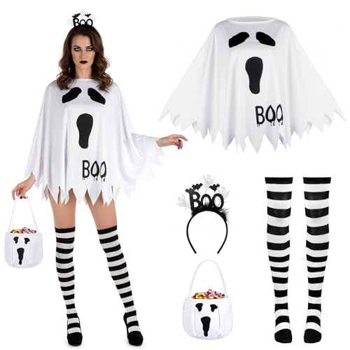 Beipegin Geisterkostüm für Damen, Geister-Halloween-Kostüm mit Poncho-Stirnband, Süßigkeitenbeutel und schwarz-weiß gestreiften Socken Beipegin Geisterkostüm für Damen, Geister-Halloween-Kostüm mit Poncho-Stirnband, Süßigkeitenbeutel und schwarz-weiß gestreiften Socken von Beipegin