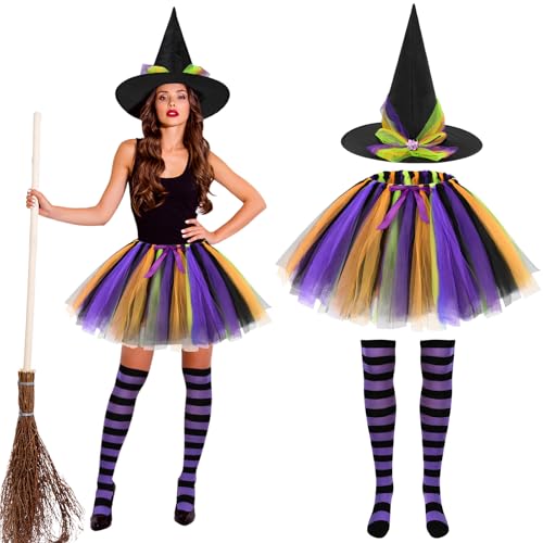 Beipegin Hexen Kostüm Damen,Bunt Tüllrock Tütü Hexen Hut Strumpfhose Halloween Kostüm Hexen Faschingskostüme Cosplay von Beipegin