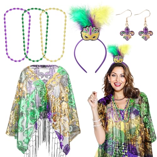 Beipegin Mardi Gras Kostüm Zubehör Set Damen Poncho Karneval Mardi Gras Ketten Haarband Ohrringe Fasching Poncho Karneval Kostüm Damen von Beipegin