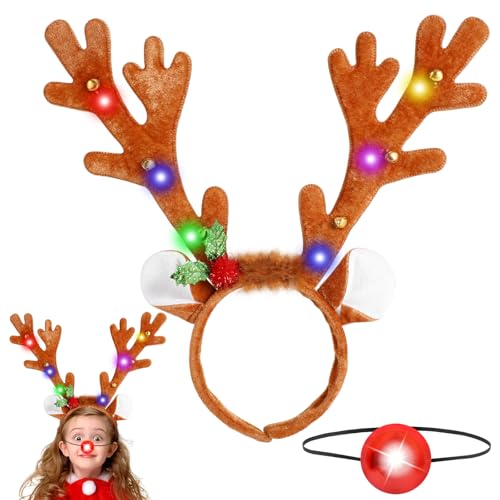 Beipegin Rentier Haarreif LED Rote Nase Rentier Leuchtend,Geweih Haarreif Haarreifen Weihnachten Reh Haarreif Weihnachts Accessoires Haarschmuck für Weihnachten Kostüme Zubehör Erwachsene Kinde von Beipegin