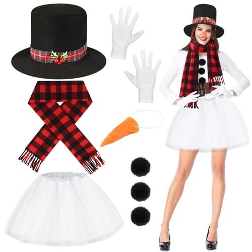 Beipegin Schneemann Kostüm Damen,Kostüm Schneemann Tutu Rock Hut Schal Bommeln Karottennase Weihnachtskostüm Faschingskostüme Snowman Karneval Lustige Kostü von Beipegin