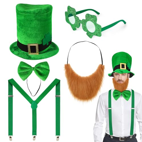 Beipegin St Patricks Day Kostüm, St Patricks Day Accessoires Leprechaun Shamrock Hut mit Bart, Fliege Herren,Hosenträger, Grün irische St. Patricks Day Party Unsex von Beipegin