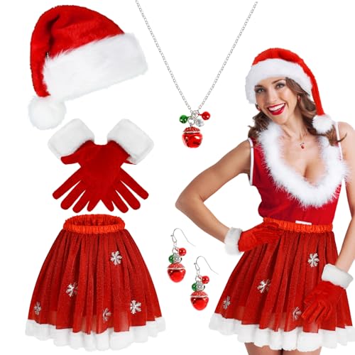 Beipegin Weihnachtsfrau Kostüm Damen,Weihnachtsmann Mütze Rock Handschuhe Rot Weihnachts Ohrringe Halskette Weihnachtskostüm Frauen Weihnachtsfrau Kostüm Damen von Beipegin