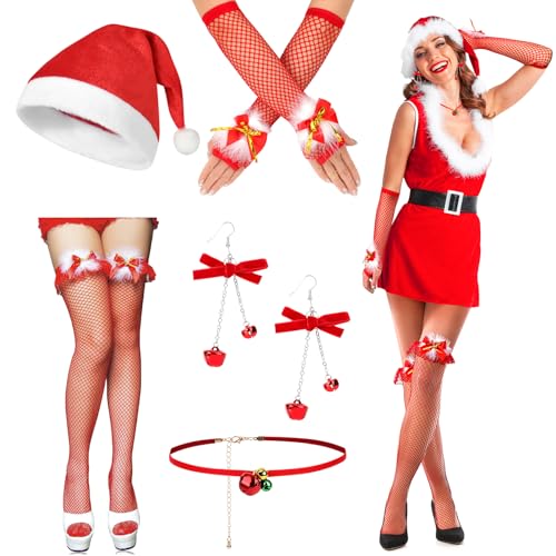 Beipegin Weihnachtsfrau Kostüm Zubehör Damen,Weihnachtsmann Mütze Netzstrümpfe und Handschuhe Rot Weihnachts Ohrringe Halskette Weihnachtskostüm Frauen Weihnachtsfrau Kostüm Damen von Beipegin