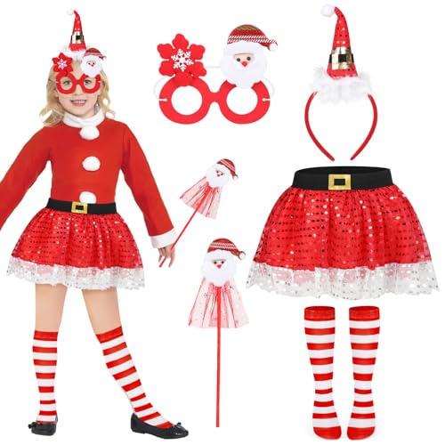 Beipegin Weihnachtskleid Mädchen Weihnachtskleid Weihnachts Haarreif Weihnachten Röcke Maske Zauberstab Santa Costume Weihnachtsmann Kostüm Kinder für Weihnachten Party von Beipegin